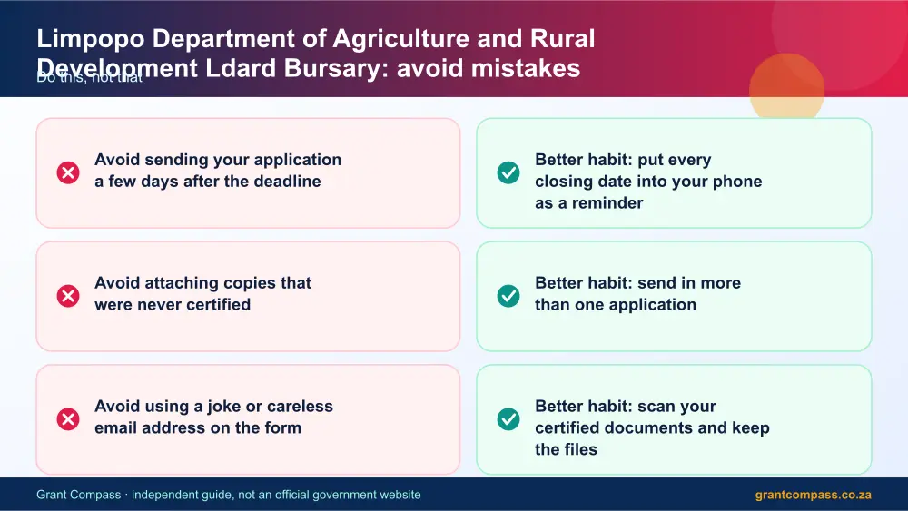 Limpopo Department of Agriculture and Rural Development Ldard Bursary mistakes to avoid and tips infographic – limpopo department of agriculture and rural development ldard bursary South Africa 2026