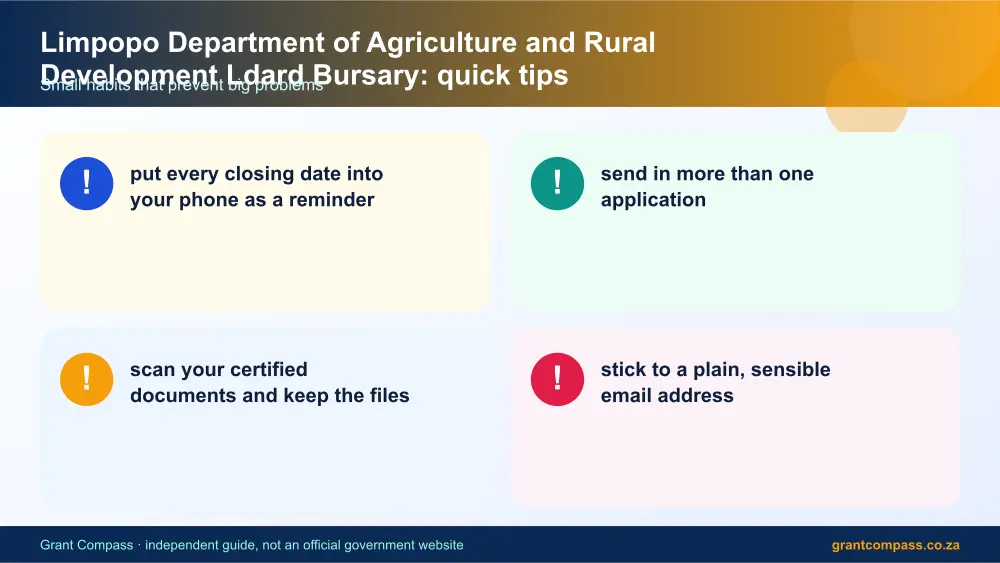 Limpopo Department of Agriculture and Rural Development Ldard Bursary quick tips cards infographic – limpopo department of agriculture and rural development ldard bursary South Africa 2026