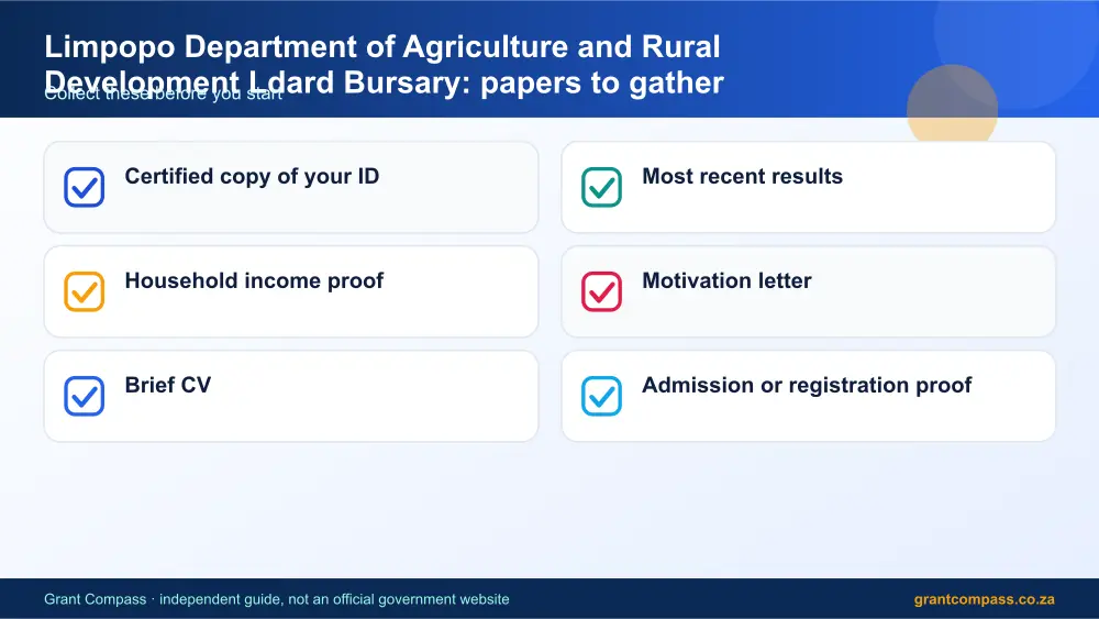 Limpopo Department of Agriculture and Rural Development Ldard Bursary required papers tick list infographic – limpopo department of agriculture and rural development ldard bursary South Africa 2026