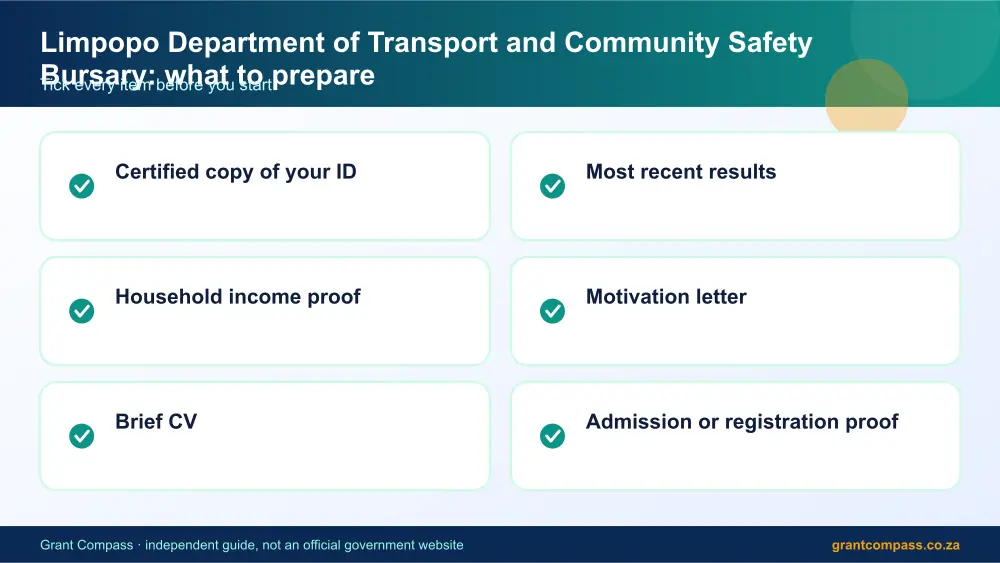 Limpopo Department of Transport and Community Safety Bursary documents checklist infographic – limpopo department of transport and community safety bursary South Africa 2026