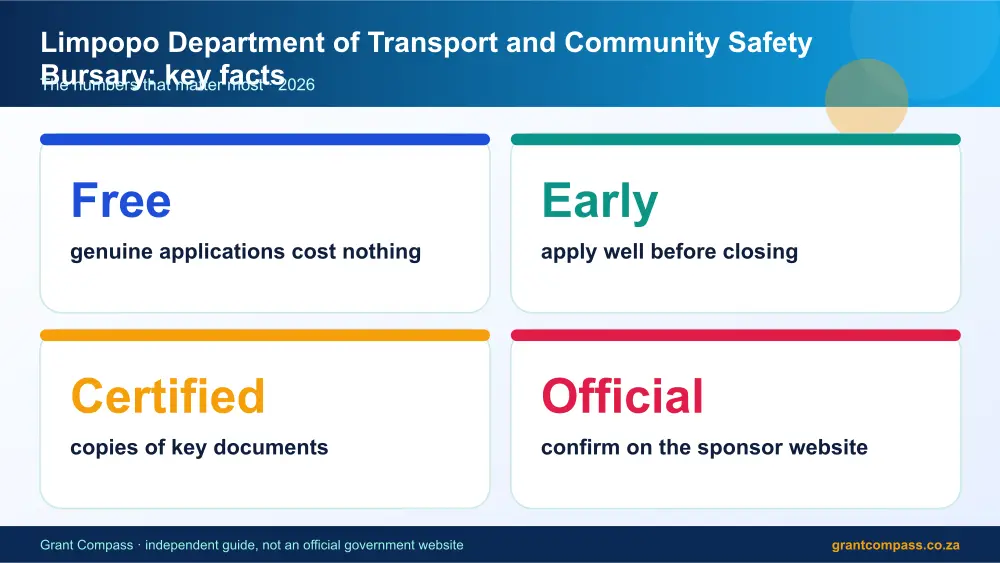 Limpopo Department of Transport and Community Safety Bursary key facts at a glance infographic – limpopo department of transport and community safety bursary South Africa 2026
