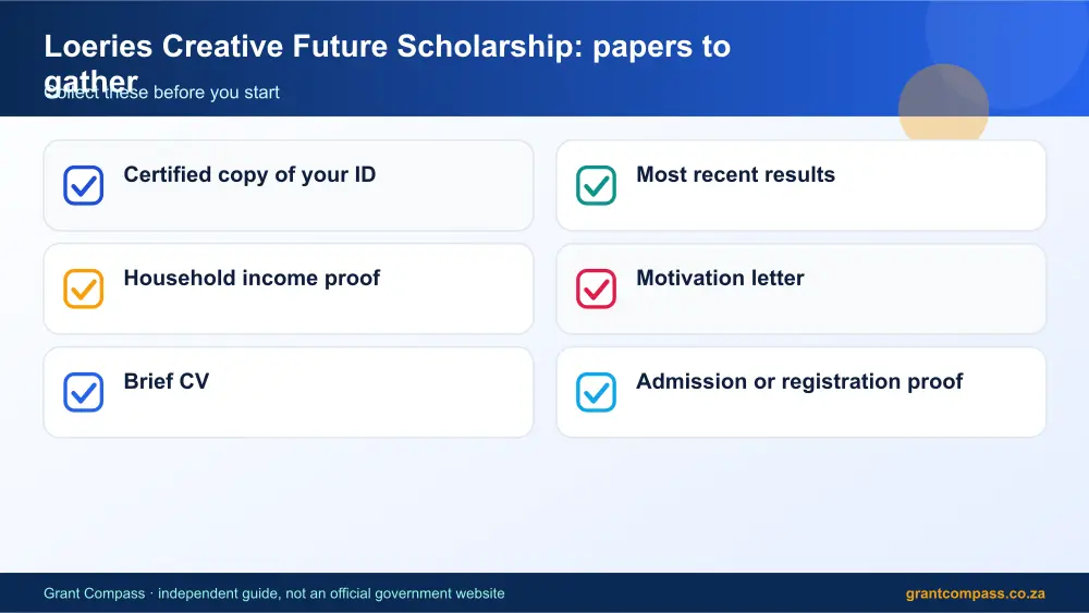 Loeries Creative Future Scholarship required papers tick list infographic – loeries creative future scholarship South Africa 2026
