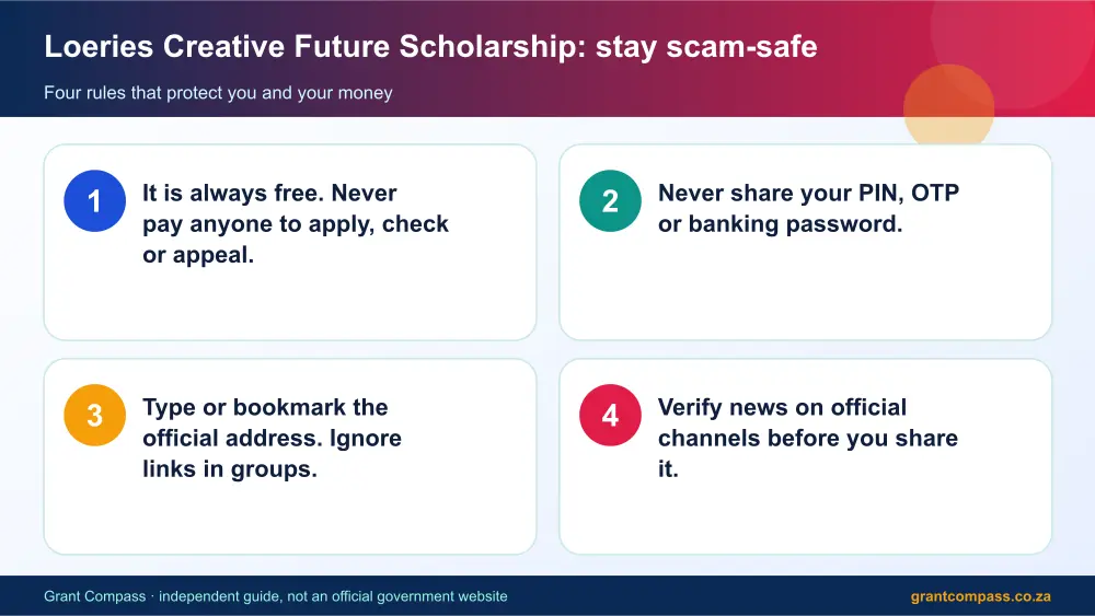 Loeries Creative Future Scholarship stay safe from scams infographic – loeries creative future scholarship South Africa 2026