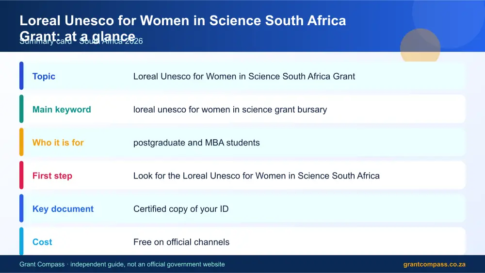 Loreal Unesco for Women in Science South Africa Grant at a glance summary infographic – loreal unesco for women in science grant bursary South Africa 2026