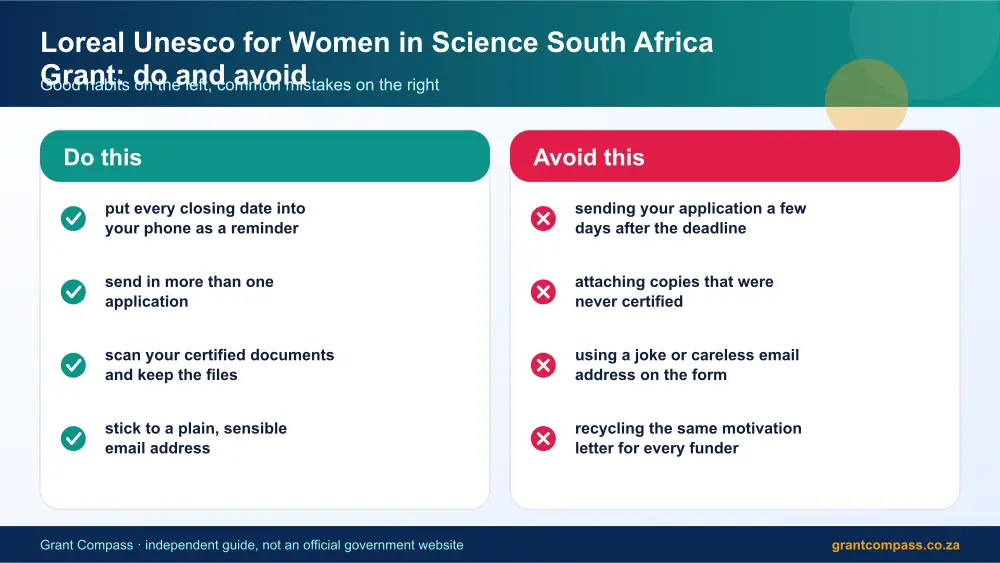 Loreal Unesco for Women in Science South Africa Grant dos and donts infographic – loreal unesco for women in science grant bursary South Africa 2026