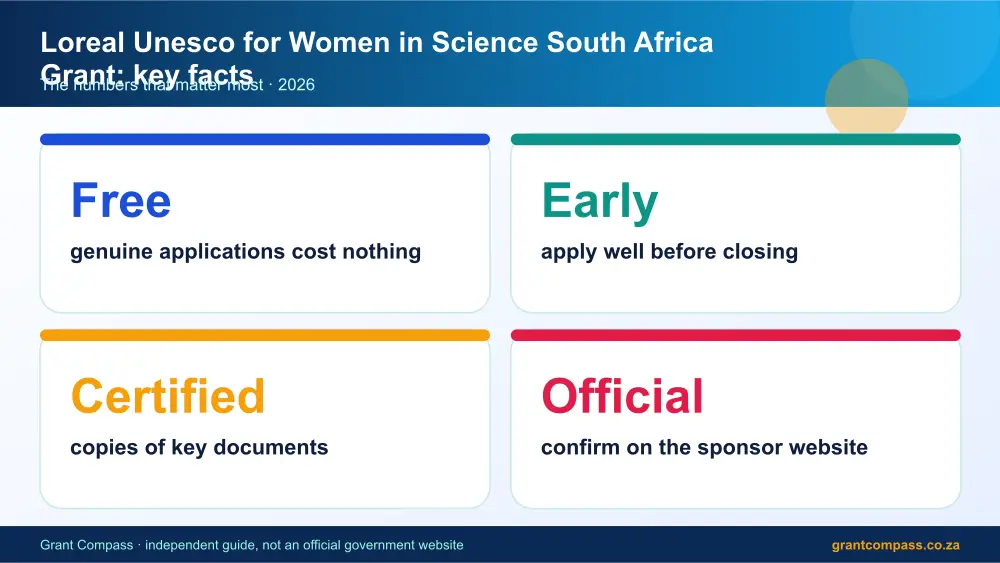 Loreal Unesco for Women in Science South Africa Grant key facts at a glance infographic – loreal unesco for women in science grant bursary South Africa 2026