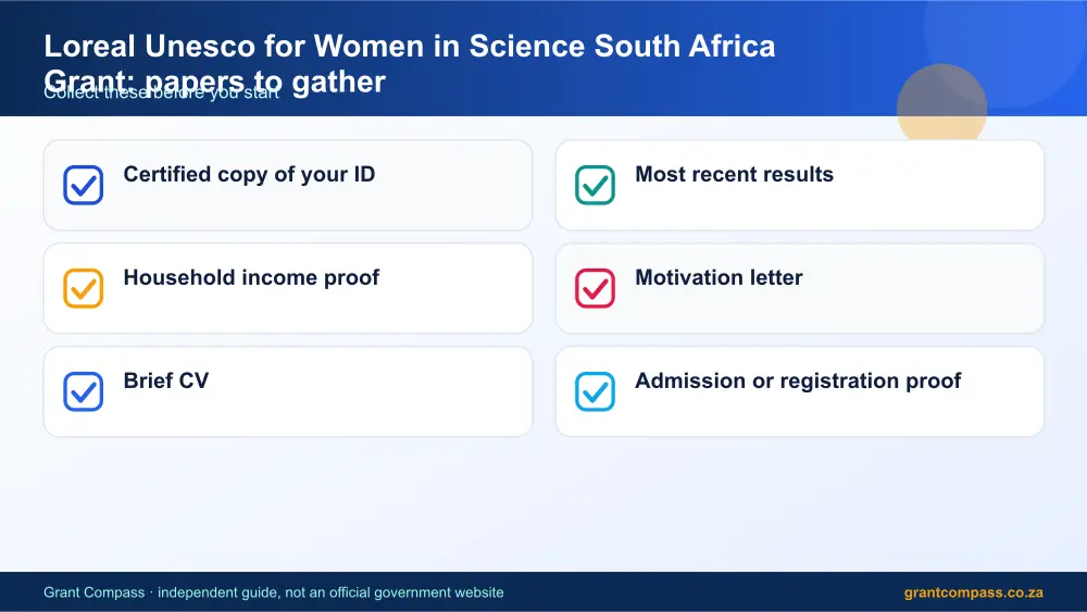 Loreal Unesco for Women in Science South Africa Grant required papers tick list infographic – loreal unesco for women in science grant bursary South Africa 2026