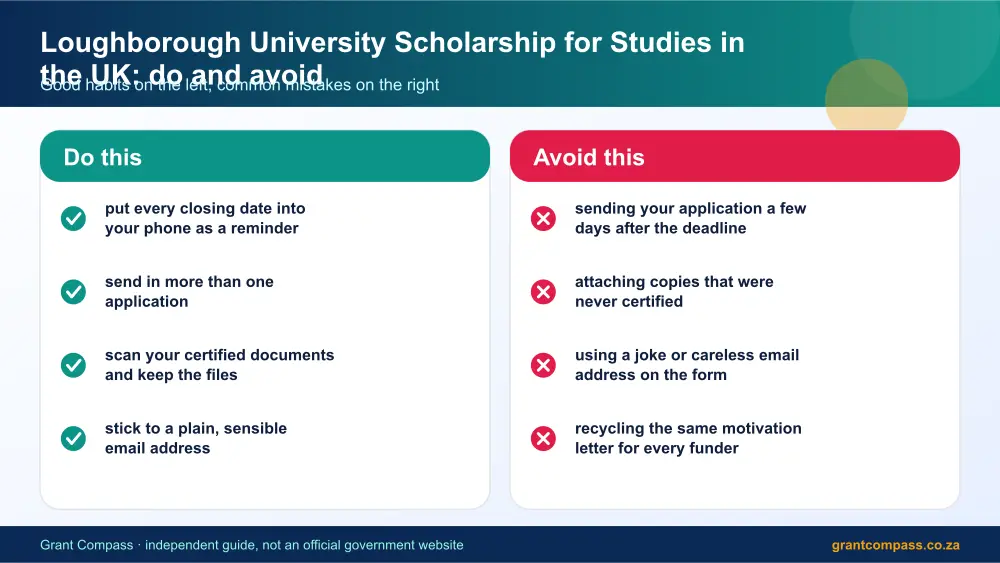 Loughborough University Scholarship for Studies in the UK dos and donts infographic – loughborough university scholarship for studies in the uk South Africa 2026