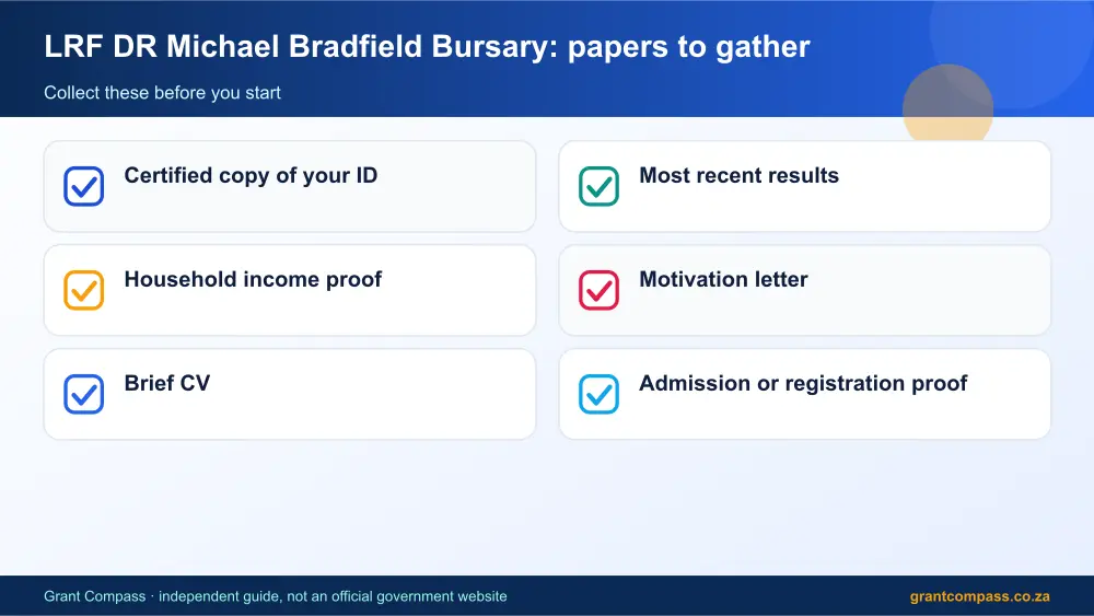 LRF DR Michael Bradfield Bursary required papers tick list infographic – lrf dr michael bradfield bursary South Africa 2026