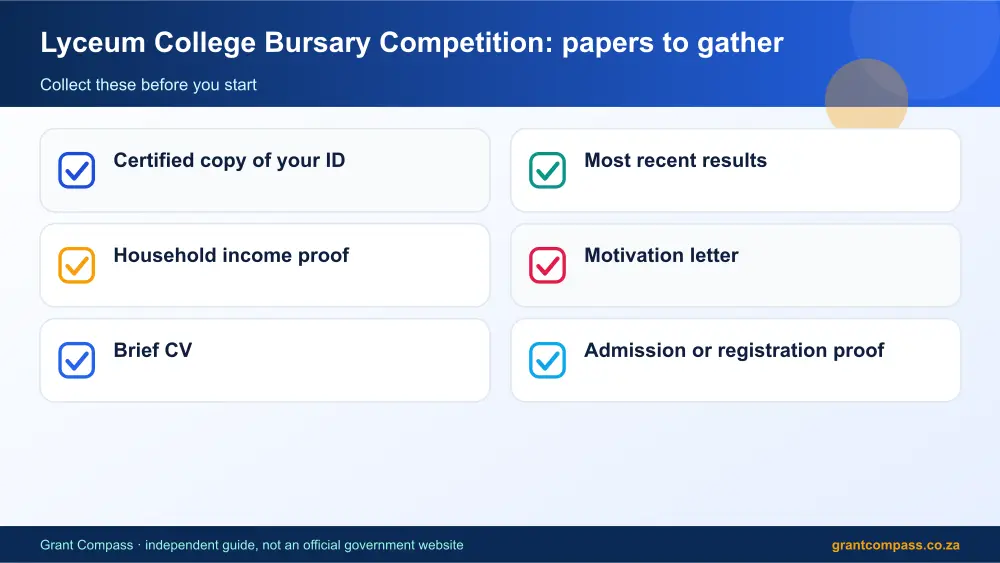 Lyceum College Bursary Competition required papers tick list infographic – damelin bursary South Africa 2026