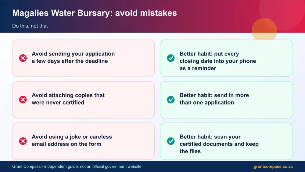 Magalies Water Bursary mistakes to avoid and tips infographic – magalies water bursary South Africa 2026