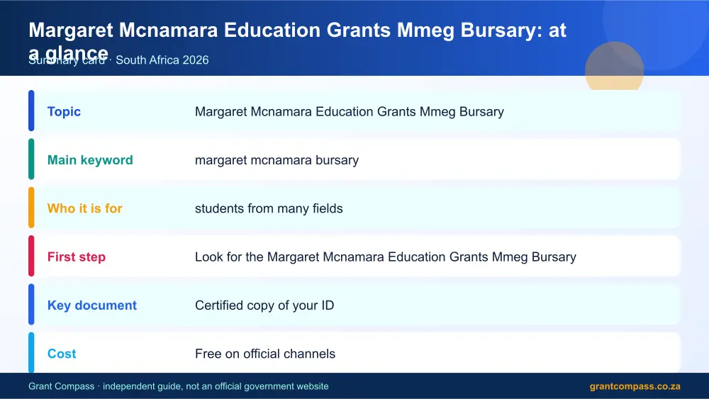 Margaret Mcnamara Education Grants Mmeg Bursary at a glance summary infographic – margaret mcnamara bursary South Africa 2026