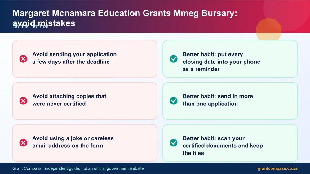 Margaret Mcnamara Education Grants Mmeg Bursary mistakes to avoid and tips infographic – margaret mcnamara bursary South Africa 2026