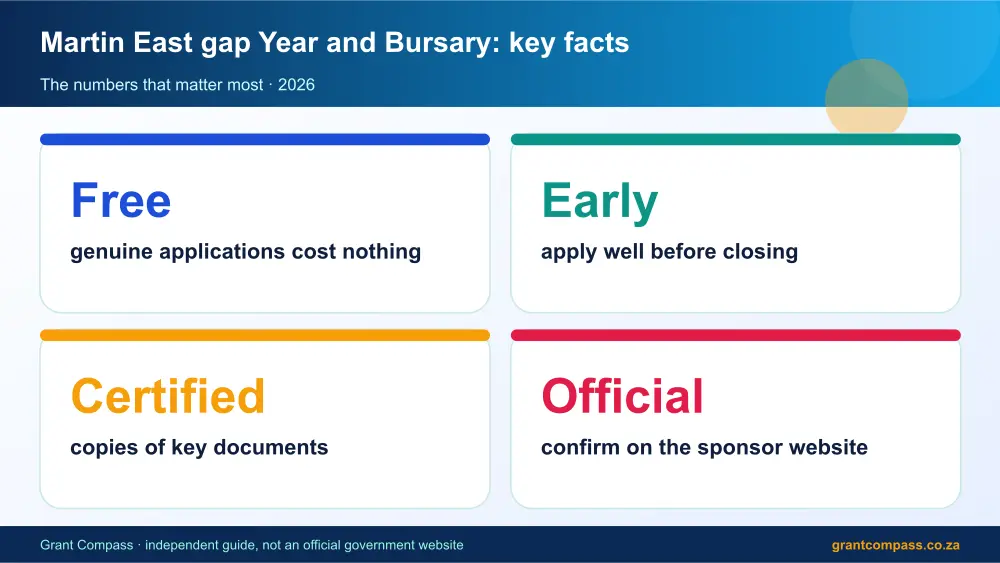 Martin East gap Year and Bursary key facts at a glance infographic – martin east gap year and bursary South Africa 2026
