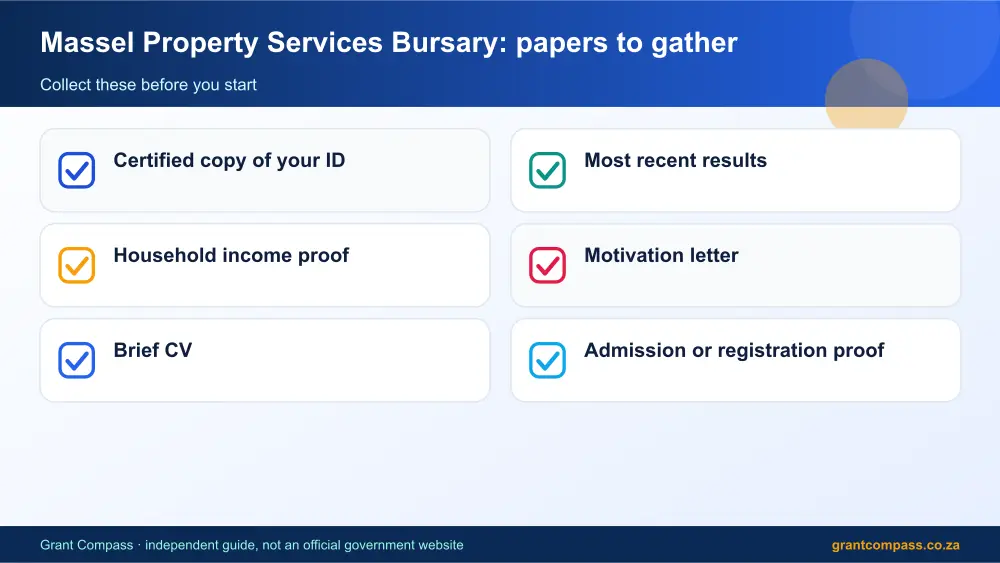 Massel Property Services Bursary required papers tick list infographic – massel property services bursary South Africa 2026
