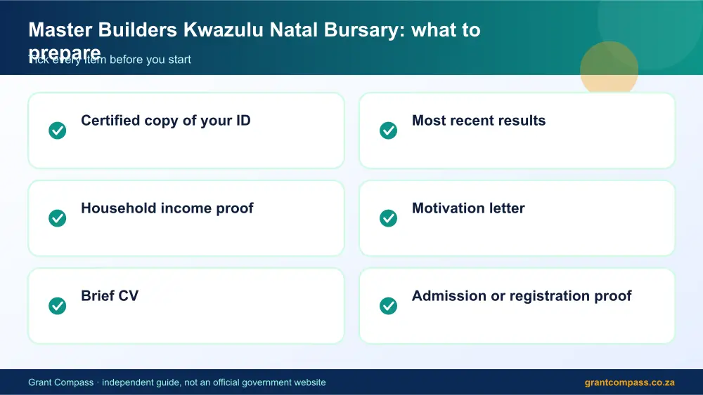 Master Builders Kwazulu Natal Bursary documents checklist infographic – master builders kwazulu natal bursary South Africa 2026