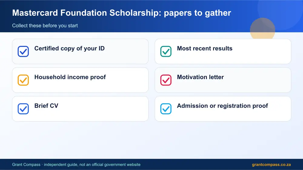 Mastercard Foundation Scholarship required papers tick list infographic – mastercard bursary South Africa 2026