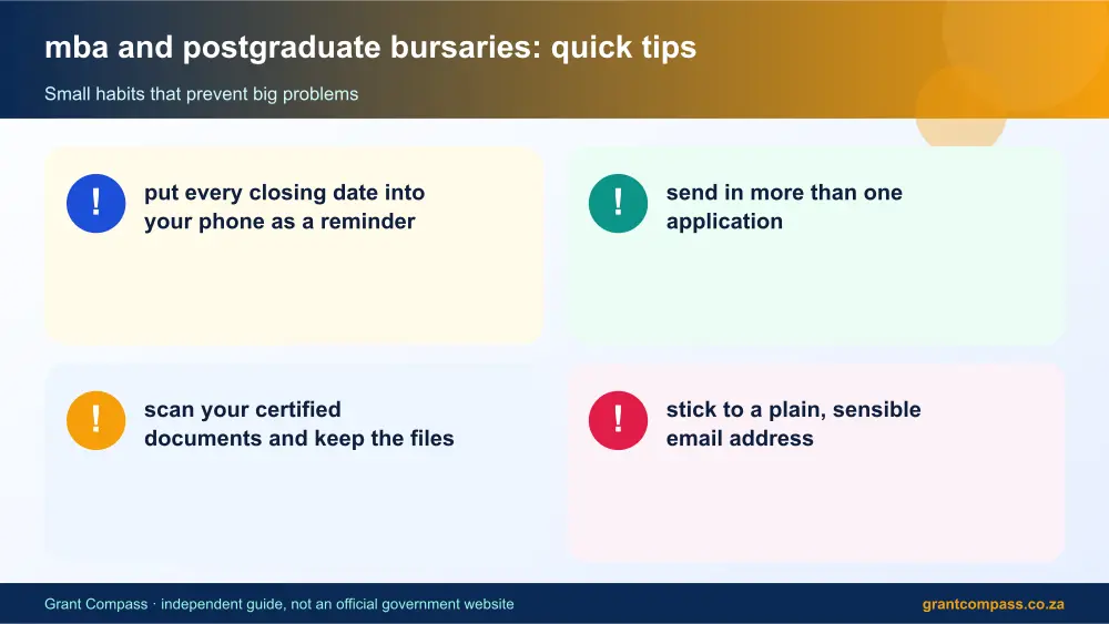 mba and postgraduate bursaries quick tips cards infographic – mba and postgraduate bursaries South Africa 2026