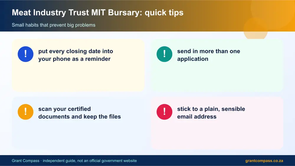 Meat Industry Trust MIT Bursary quick tips cards infographic – meat industry trust mit bursary South Africa 2026