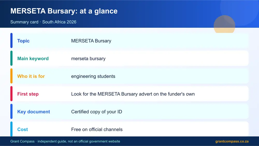 MERSETA Bursary at a glance summary infographic – merseta bursary South Africa 2026