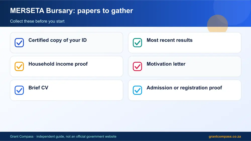 MERSETA Bursary required papers tick list infographic – merseta bursary South Africa 2026