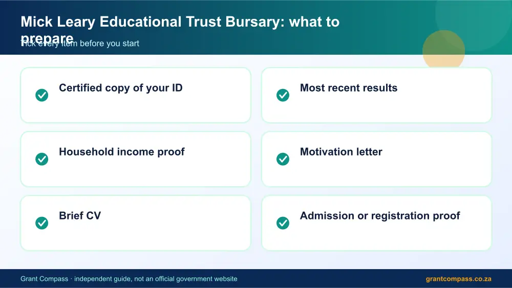 Mick Leary Educational Trust Bursary documents checklist infographic – mick leary educational trust bursary South Africa 2026