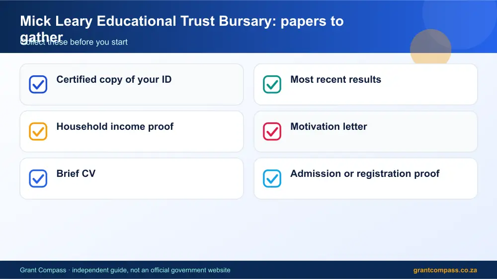 Mick Leary Educational Trust Bursary required papers tick list infographic – mick leary educational trust bursary South Africa 2026