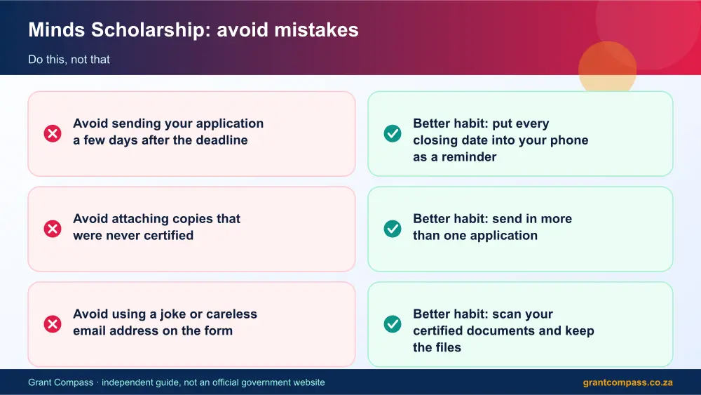 Minds Scholarship mistakes to avoid and tips infographic – minds bursary South Africa 2026