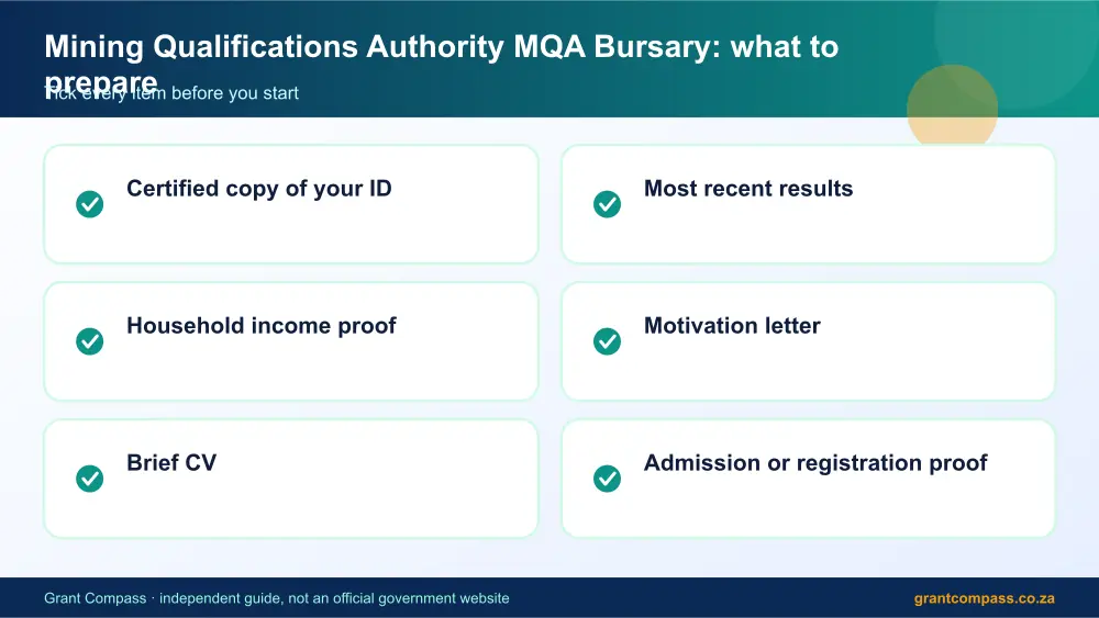Mining Qualifications Authority MQA Bursary documents checklist infographic – mqa bursary South Africa 2026