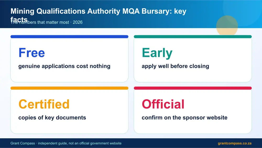 Mining Qualifications Authority MQA Bursary key facts at a glance infographic – mqa bursary South Africa 2026