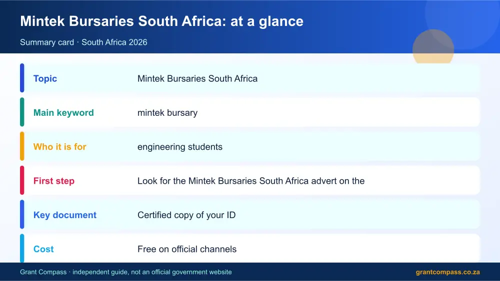 Mintek Bursaries South Africa at a glance summary infographic – mintek bursary South Africa 2026