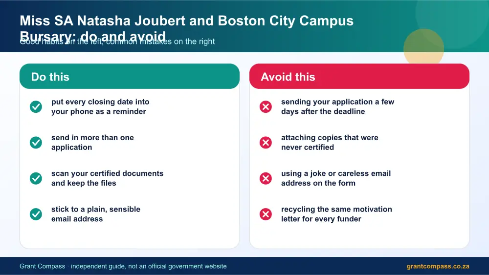 Miss SA Natasha Joubert and Boston City Campus Bursary dos and donts infographic – miss sa natasha joubert and boston city campus bursary South Africa 2026