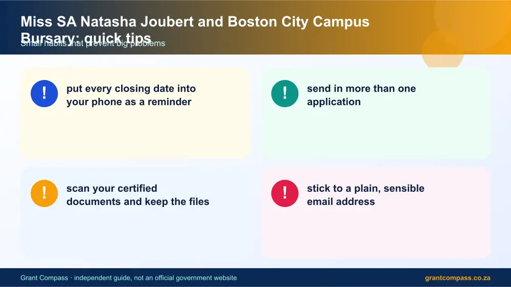 Miss SA Natasha Joubert and Boston City Campus Bursary quick tips cards infographic – miss sa natasha joubert and boston city campus bursary South Africa 2026