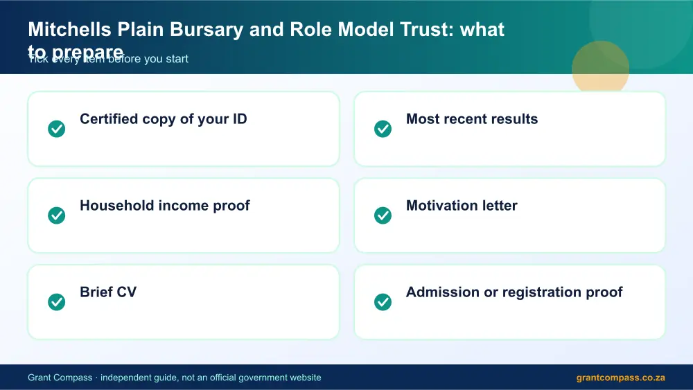 Mitchells Plain Bursary and Role Model Trust documents checklist infographic – mitchells plain bursary and role model trust South Africa 2026