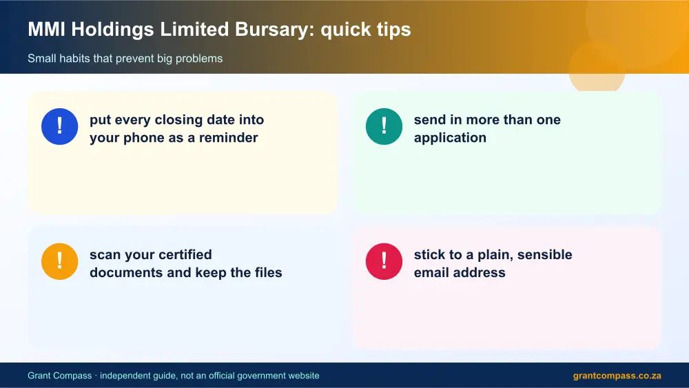 MMI Holdings Limited Bursary quick tips cards infographic – momentum actuarial bursary South Africa 2026
