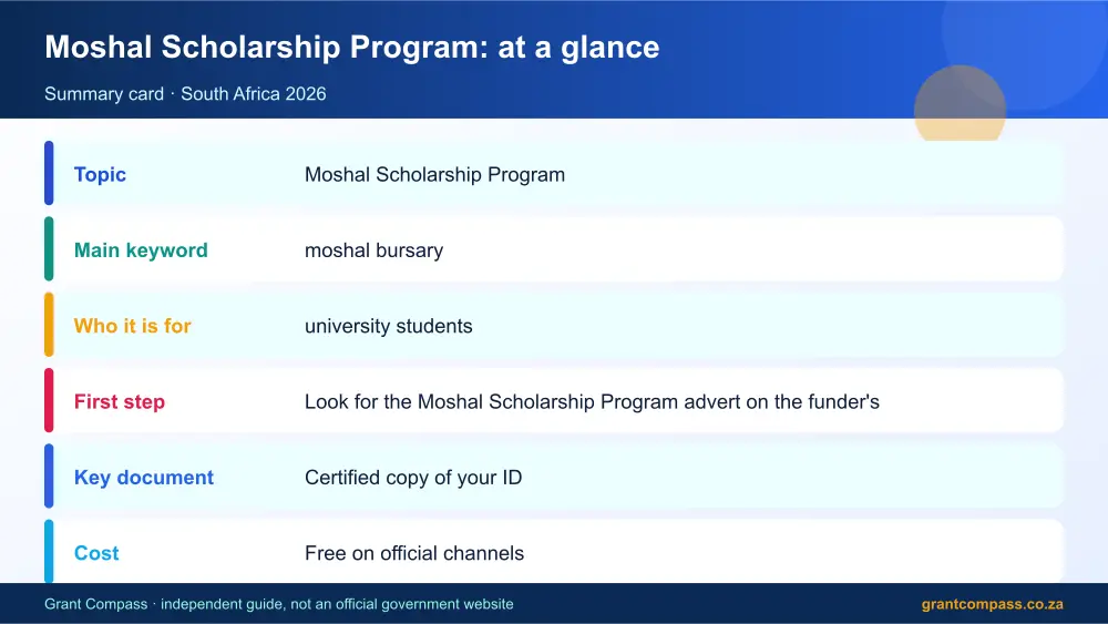 Moshal Scholarship Program at a glance summary infographic – moshal bursary South Africa 2026