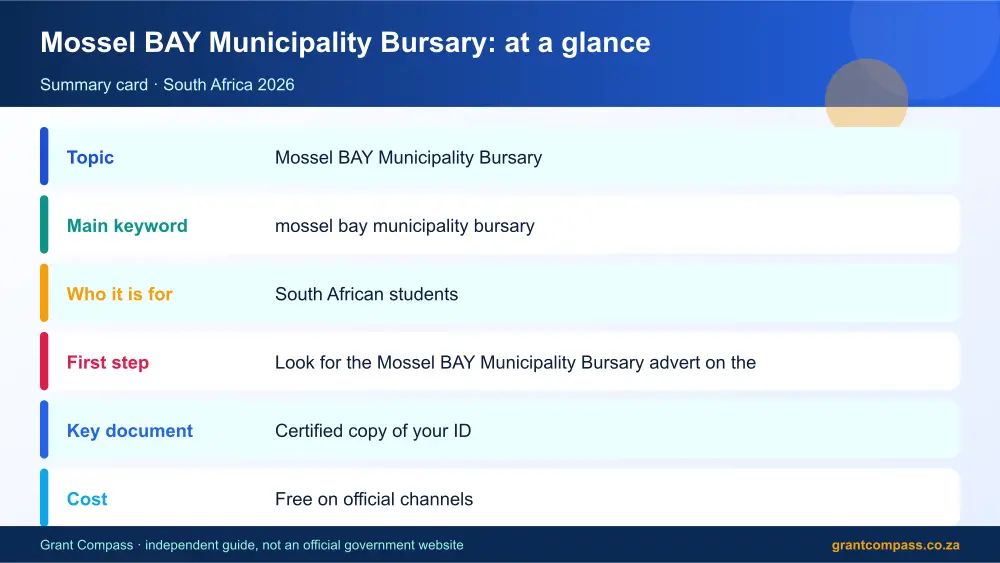 Mossel BAY Municipality Bursary at a glance summary infographic – mossel bay municipality bursary South Africa 2026