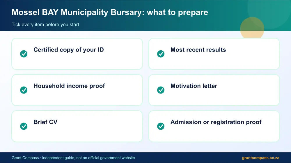 Mossel BAY Municipality Bursary documents checklist infographic – mossel bay municipality bursary South Africa 2026