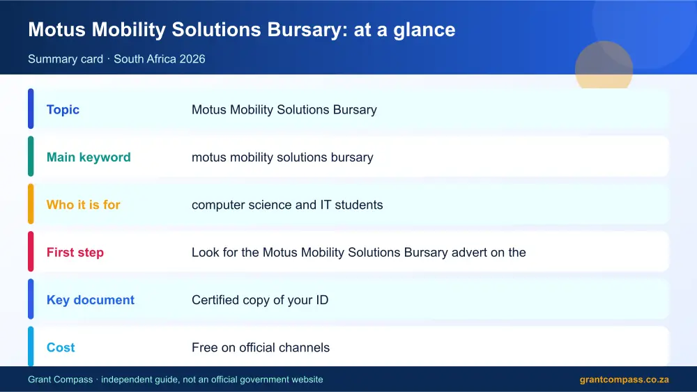 Motus Mobility Solutions Bursary at a glance summary infographic – motus mobility solutions bursary South Africa 2026