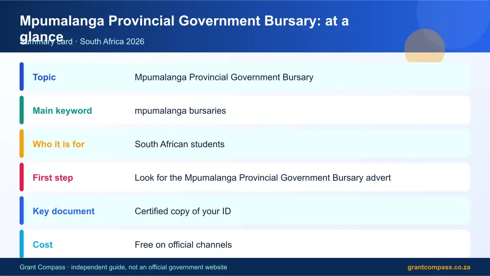 Mpumalanga Provincial Government Bursary at a glance summary infographic – mpumalanga bursaries South Africa 2026