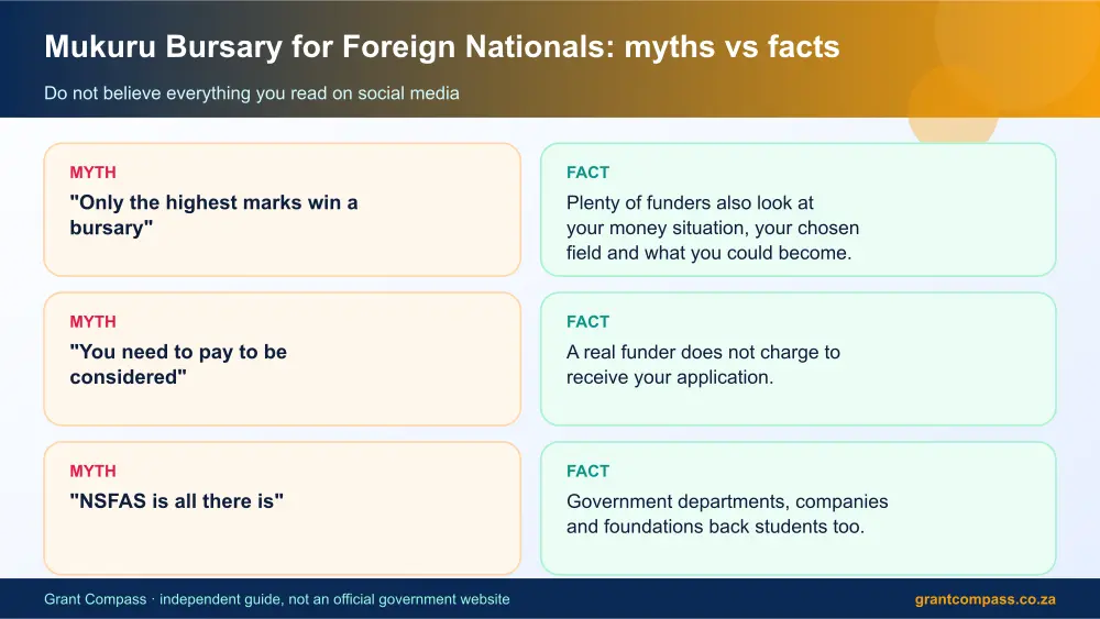 Mukuru Bursary for Foreign Nationals myths vs facts infographic – mukuru bursary South Africa 2026