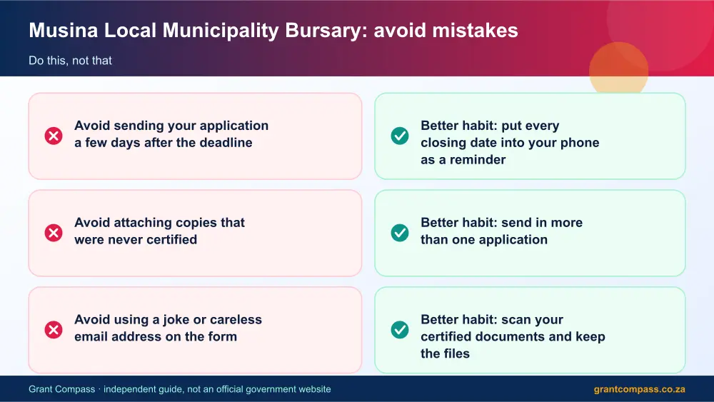 Musina Local Municipality Bursary mistakes to avoid and tips infographic – musina local municipality bursary South Africa 2026