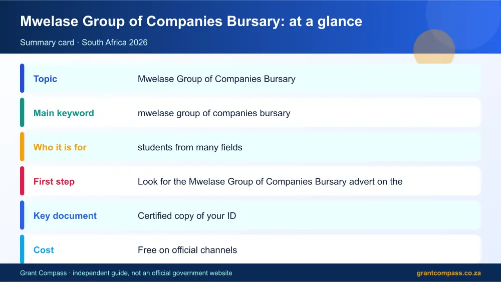 Mwelase Group of Companies Bursary at a glance summary infographic – mwelase group of companies bursary South Africa 2026