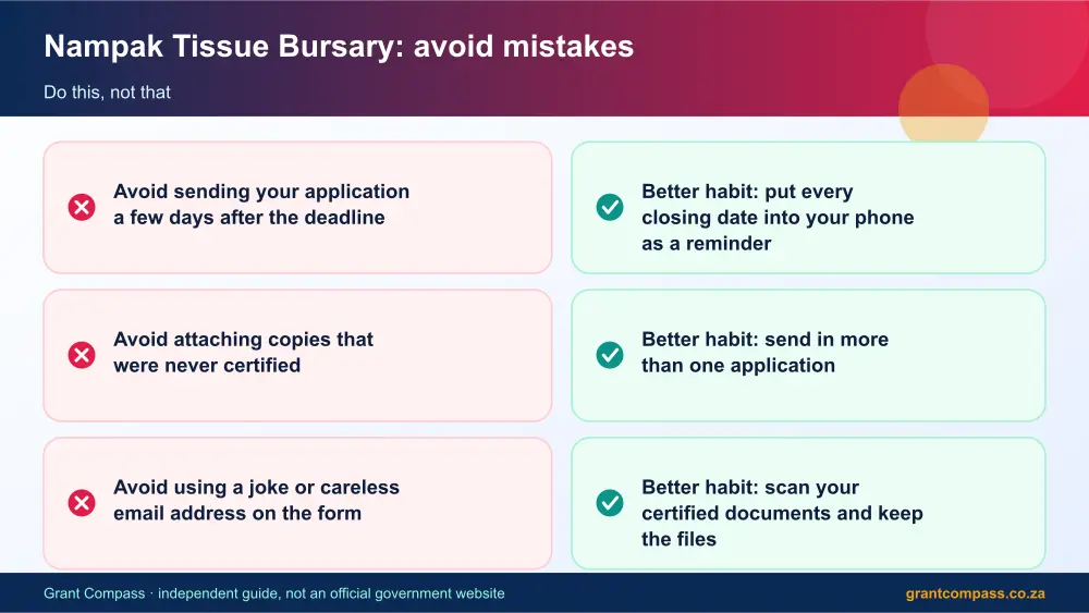 Nampak Tissue Bursary mistakes to avoid and tips infographic – nampak tissue bursary South Africa 2026