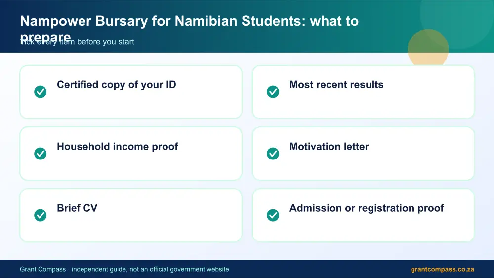 Nampower Bursary for Namibian Students documents checklist infographic – nampower bursary for namibian students scholarship South Africa 2026