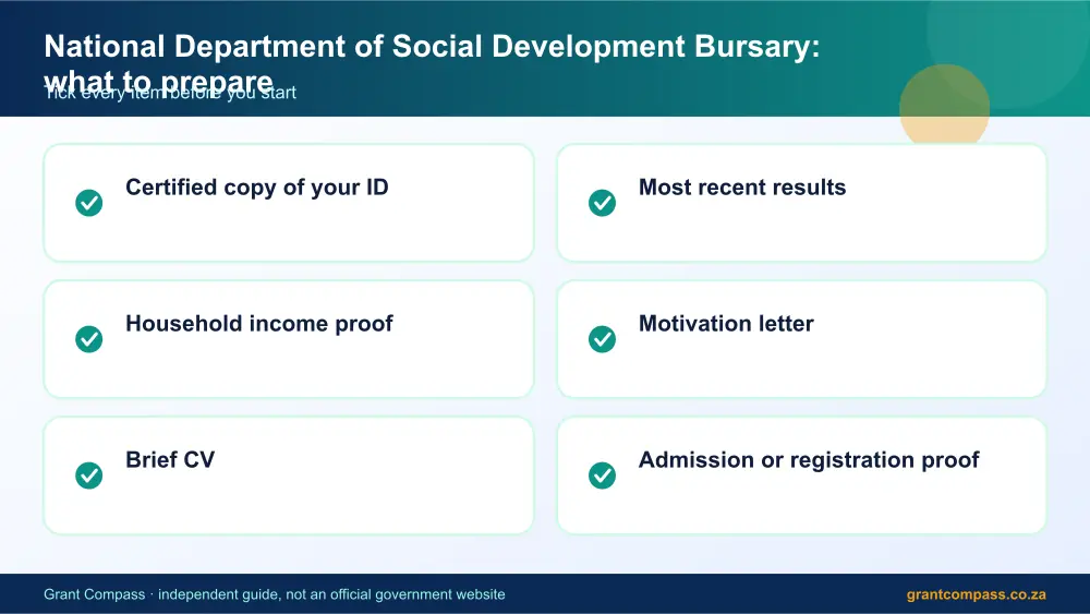 National Department of Social Development Bursary documents checklist infographic – national department of social development bursary South Africa 2026