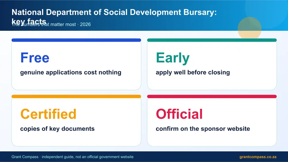 National Department of Social Development Bursary key facts at a glance infographic – national department of social development bursary South Africa 2026