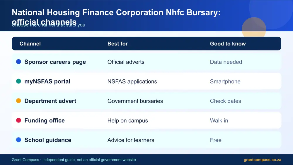 National Housing Finance Corporation Nhfc Bursary official channels comparison infographic – national housing finance corporation nhfc bursary South Africa 2026