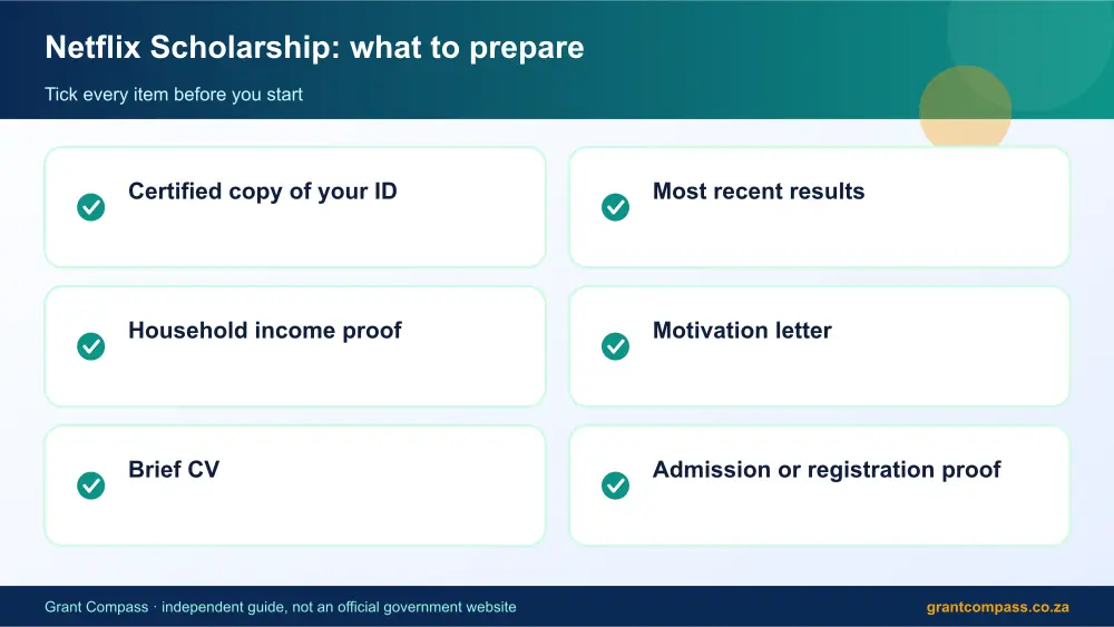 Netflix Scholarship documents checklist infographic – netflix bursary South Africa 2026