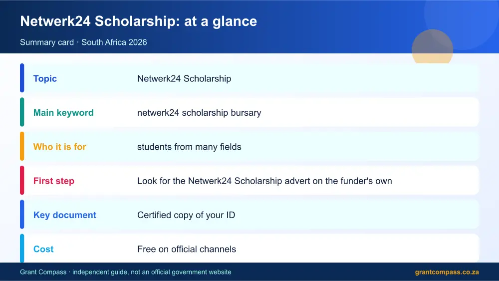 Netwerk24 Scholarship at a glance summary infographic – netwerk24 scholarship bursary South Africa 2026
